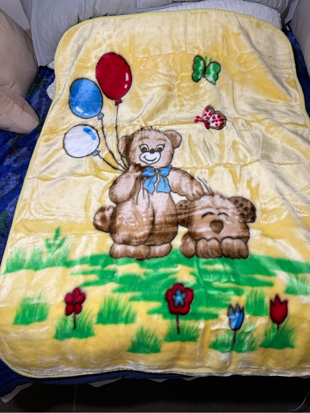 Super Soft VTG 44” X 57” Yellow Teddy Bear & Pup Plush Throw Blanket - Rare